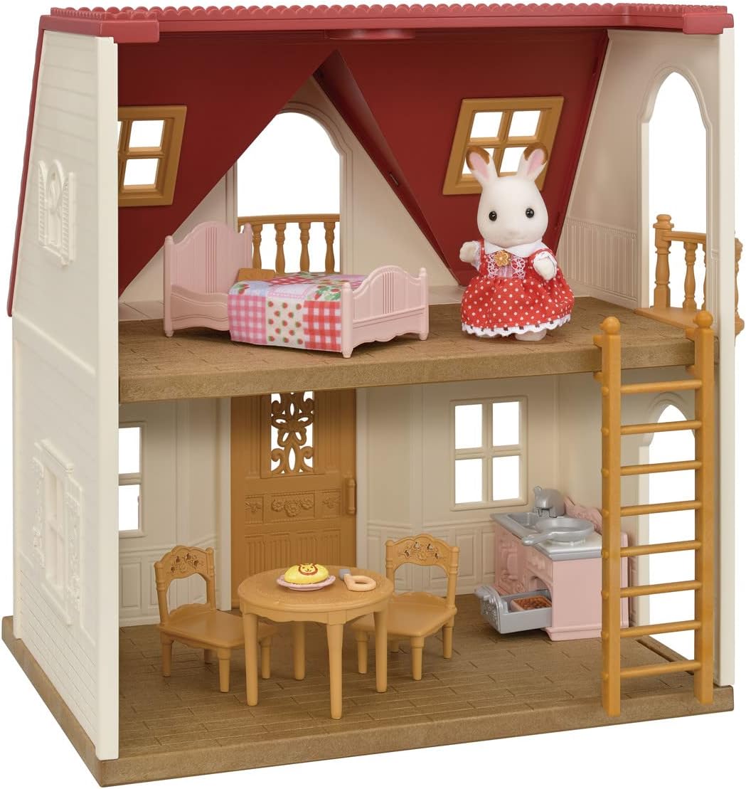 Red Roof Cozy Cottage Dollhouse Playset with Figure, Furniture and Accessories
