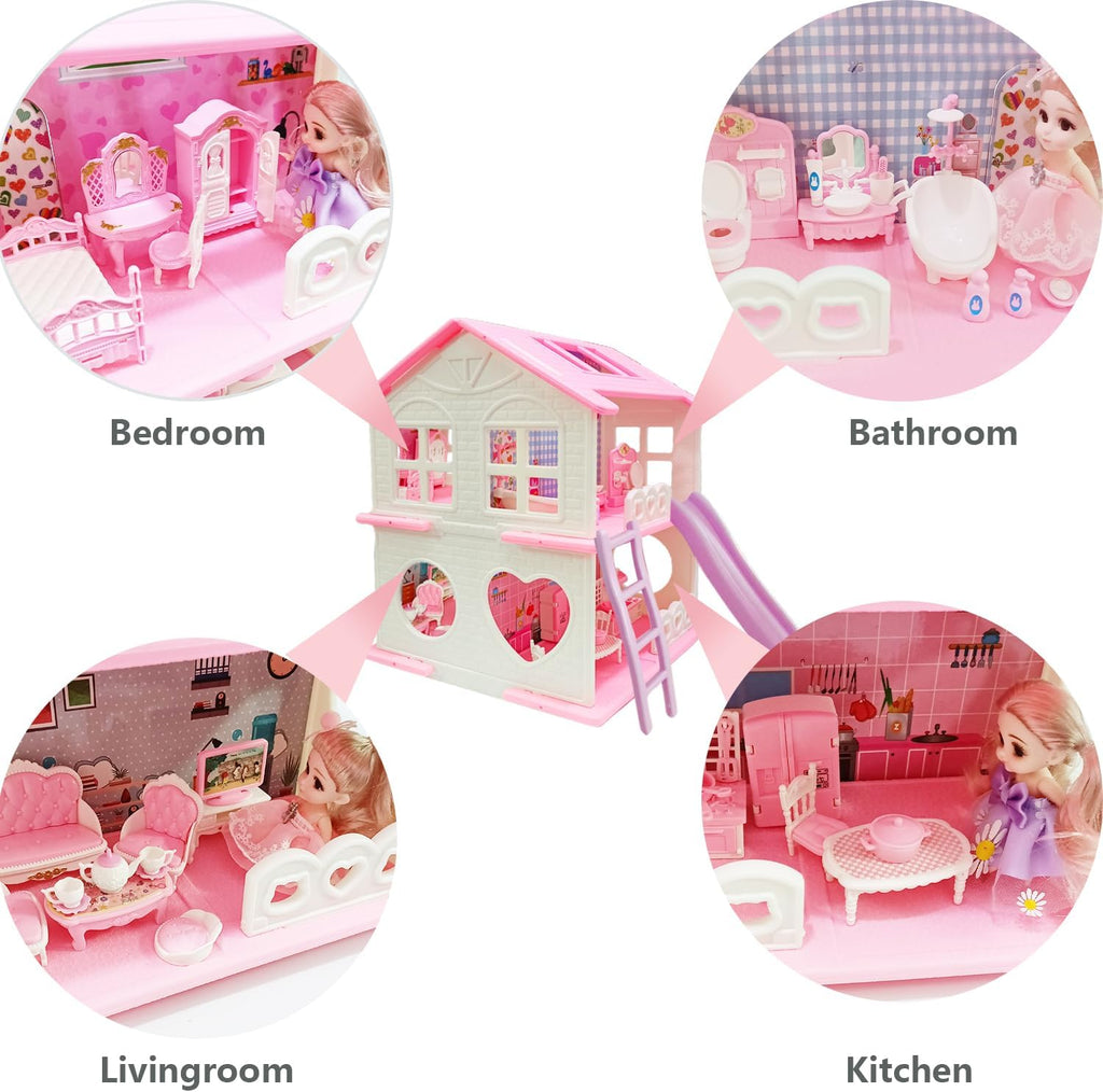 Dollhouse Playset Dream Doll House w/ 4 Room&2 Princess&Dollhouse Furniture Set Accessories,Mini Princess Castle Miniature Small Playhouse Toy Gift,Little Girl Age 3+ Kid Toddler 3 4 5 6 7 8 9+Year