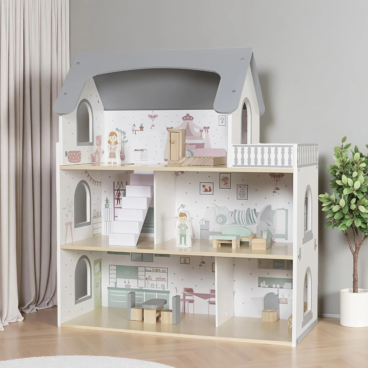 Wooden Dream Playhouse with Balcony, Doll House for Kids with Furniture, DIY Pretend Dolls Play House Toy, Girls Dollhouses Toys with 12 PCS Accessories, Birthday Gifts for Boys & Girls Ages 3+