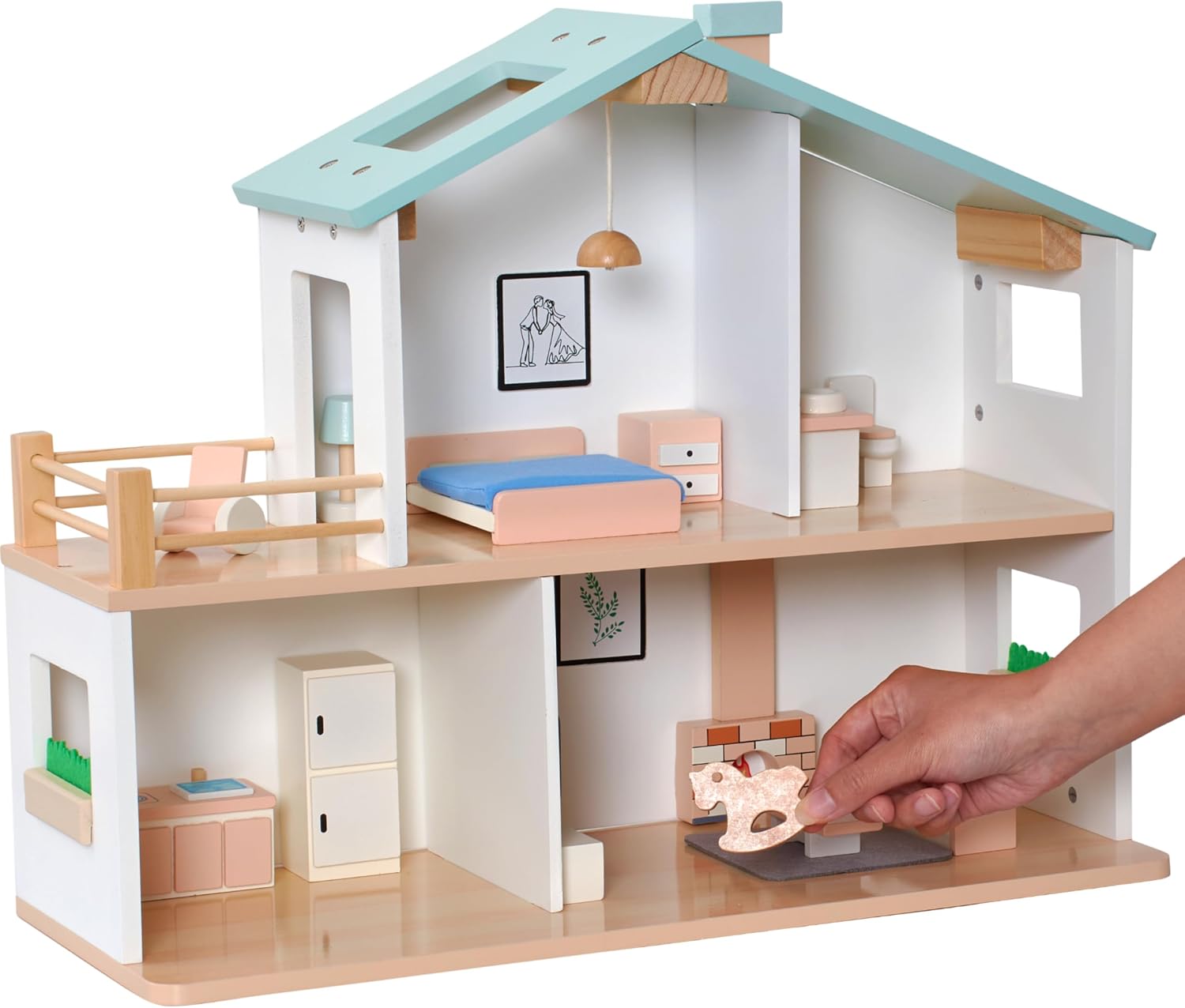 2 Storey Dollhouse Wooden - Kids Pretend Play Dream House - Wooden Dollhouse for Girls - Large Wood Doll Houses Playset Gift for Girl Ages 3 and Up -15.7x19.6 inch