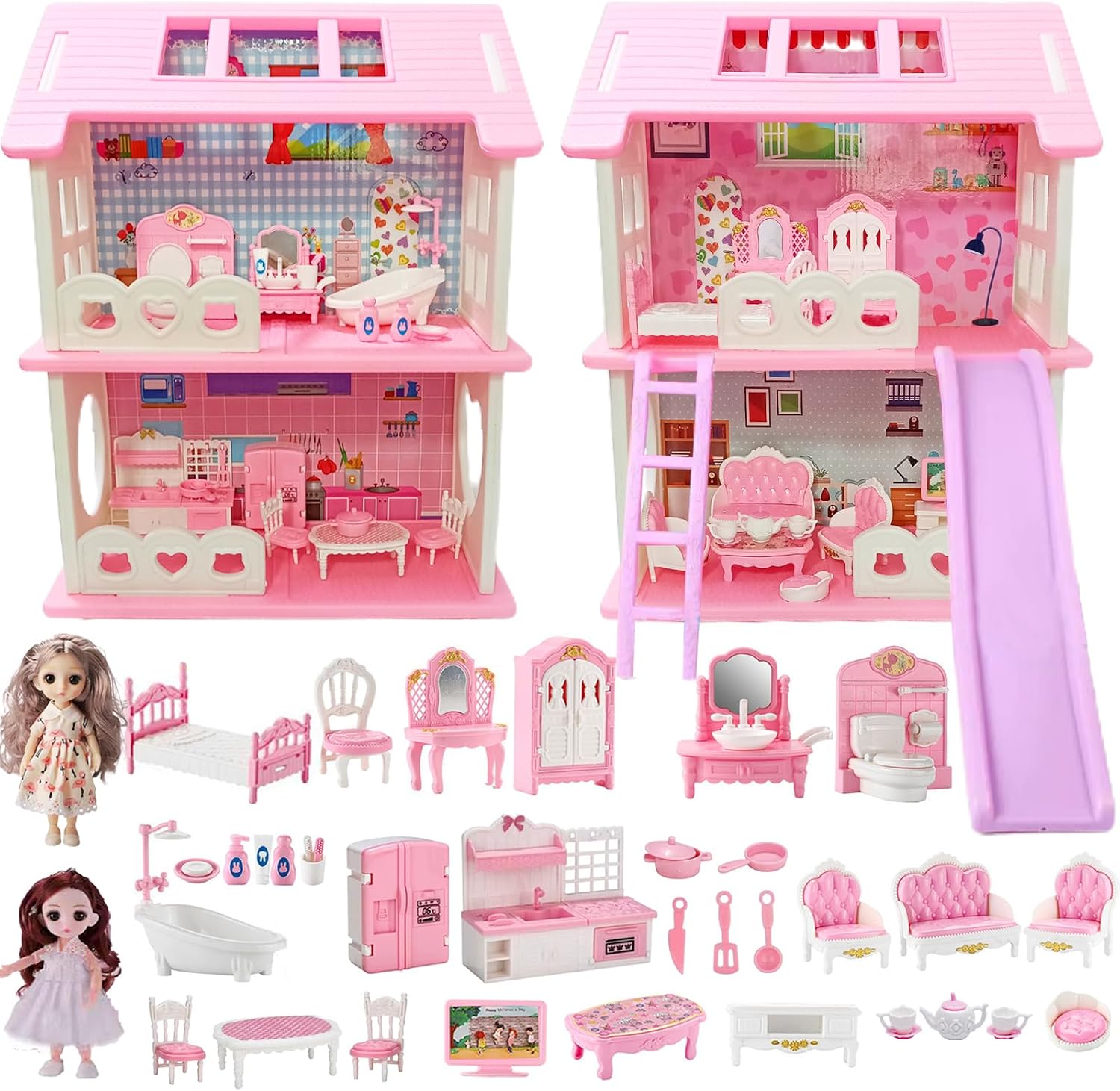 Dollhouse Playset Dream Doll House w/ 4 Room&2 Princess&Dollhouse Furniture Set Accessories,Mini Princess Castle Miniature Small Playhouse Toy Gift,Little Girl Age 3+ Kid Toddler 3 4 5 6 7 8 9+Year