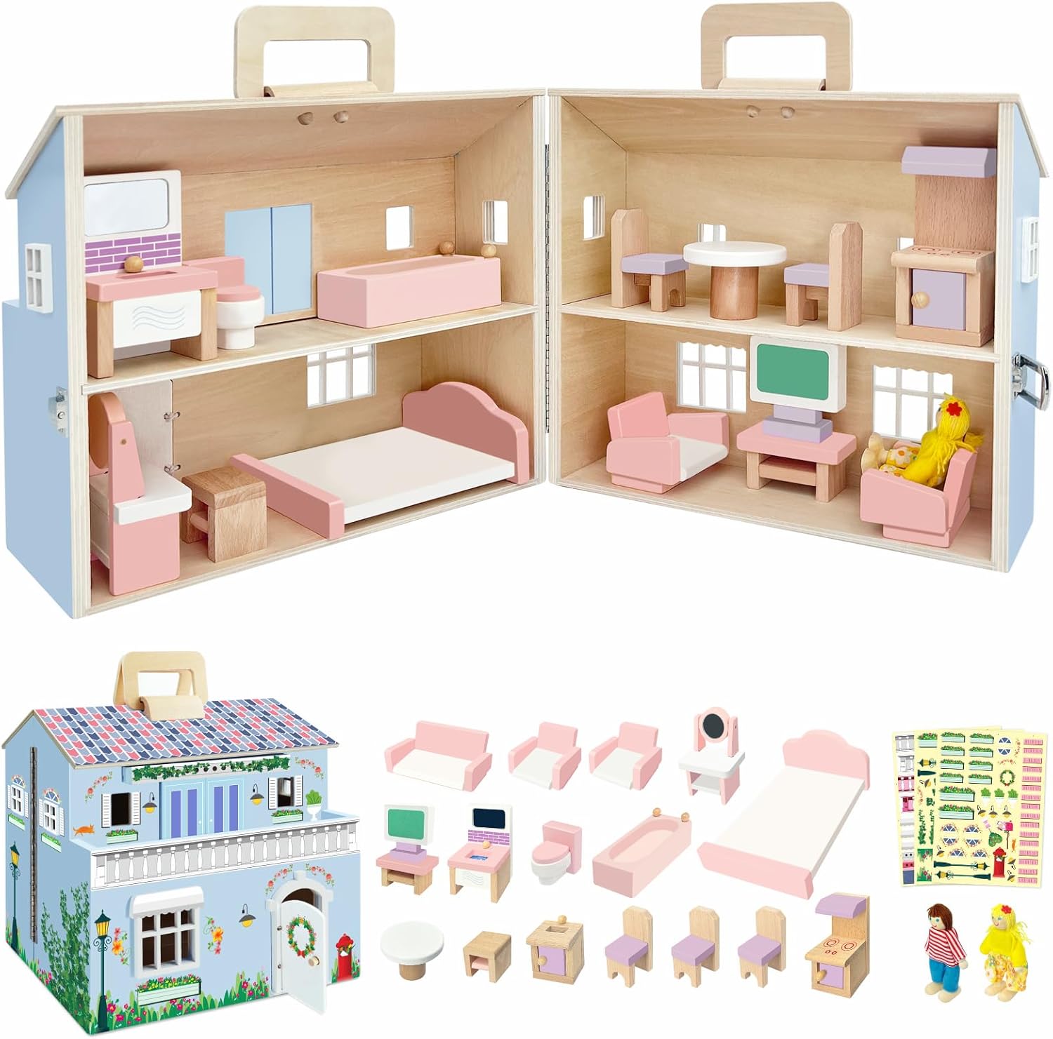 Foldable Wooden Doll House, DIY Doll House with 3 Sticker Sheets for 2 Styles (Pink & White), 4 Rooms, 16 Pcs Furniture, 2 Dolls, Metal Lock & Portable Handle - Ideal Gift for Kids Ages 3+