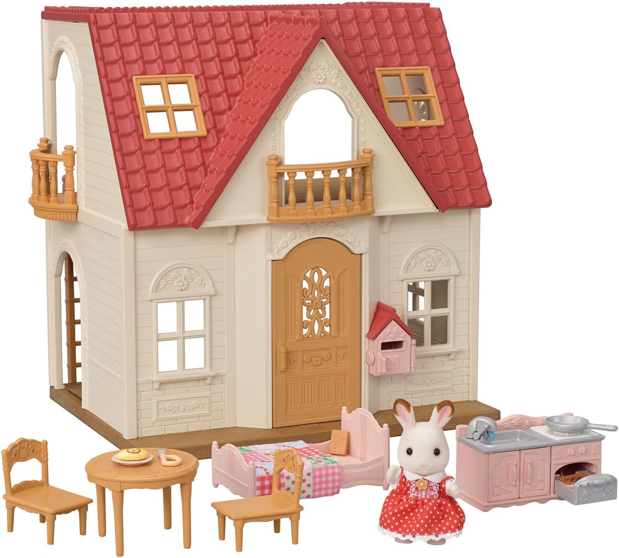 Red Roof Cozy Cottage Dollhouse Playset with Figure, Furniture and Accessories