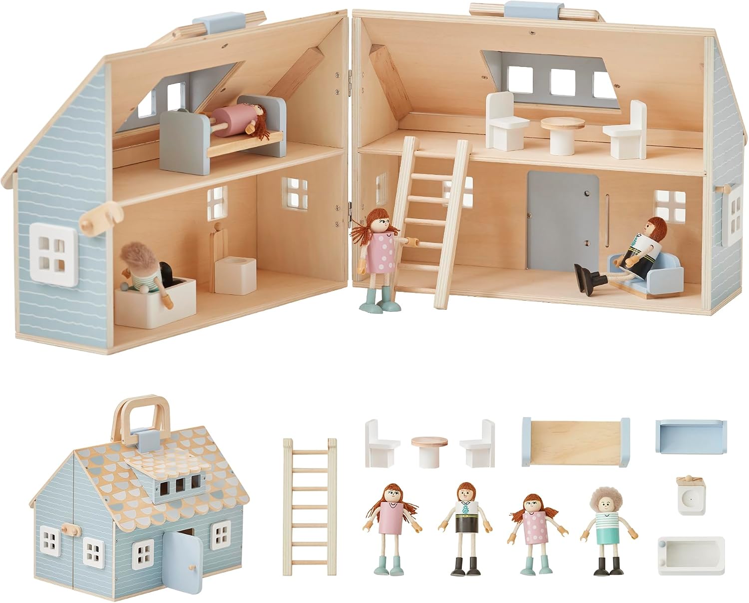 Wooden Cottage Dollhouse with 12 Accessories & 4 Figurines – Portable 2-Story Playhouse for 3.5" Dolls – Foldable Miniature Toy House for Girls Ages 3+
