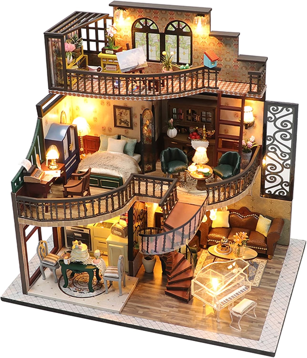 DIY Dollhouse Miniature Kit, Doll House Kit with Dust Proof Cover and Music Box, Mini Wooden Dollhouse Toys for Adult Gift(M2132)