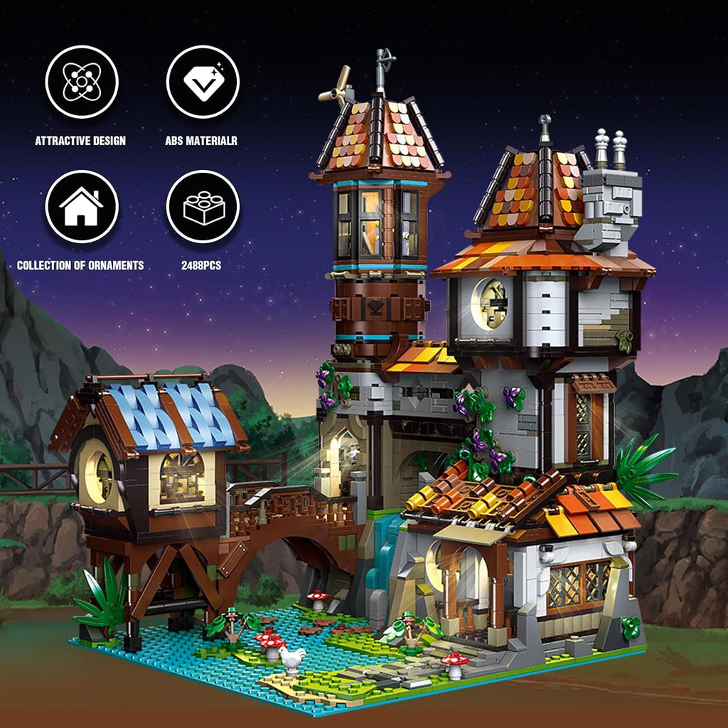 Retro Cabin Building Blocks Kit, Lighting Medieval Castle Building Set for Adults, Architecture House Model Idea Gifts Home Decoration 2488 PCS