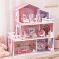 Wooden Dollhouse Playset, 3 Stories, 5 Rooms, 24 PCS Furniture, Pretend Play Toys Gift for Kids Toddlers Girls