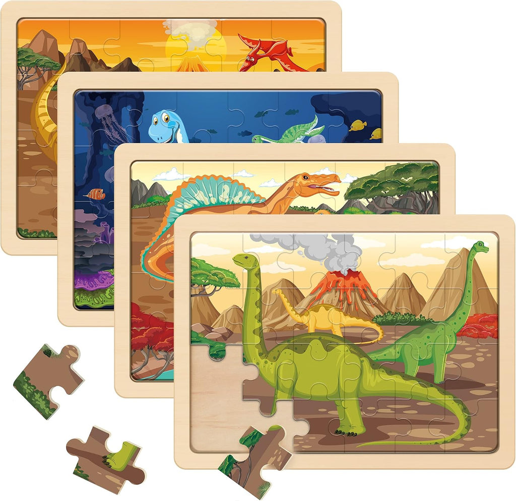 Large Dinosaur Wooden Puzzles for Kids 4 in 1 Gift Box(12.2 * 9.4 in) -  Certified, Jigsaw Puzzles for Kids Ages 4-6, Dinosaur Toys Gifts for 3 4 5 Year Old Boys Girls
