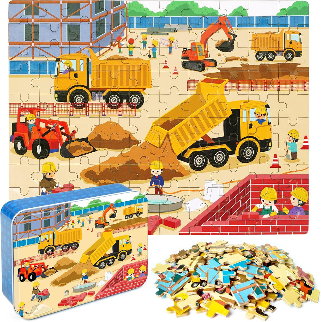 100 Pieces Jigsaw Puzzles in a Metal Box for Kids Age for 4-8 Boys Girls Toy Puzzles Construction Site Vehicles Children Learning Educational Puzzles Toys